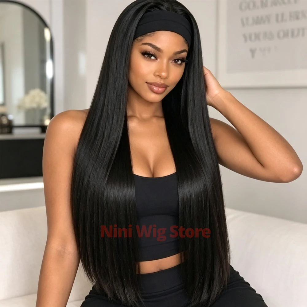 Headband Wig 34Inch Black Long Straight Synthetic Wig for Black Women Halloween Daily Party, No Glue Easy Wear Daily Party Wigs 3