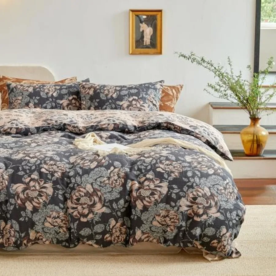 

100% Cotton Muslin Duvet Cover Set 3 Pcs Yarn-Dyed Jacquard Textured Garden Flower Soft and Breathable Bedding Set with Zipper