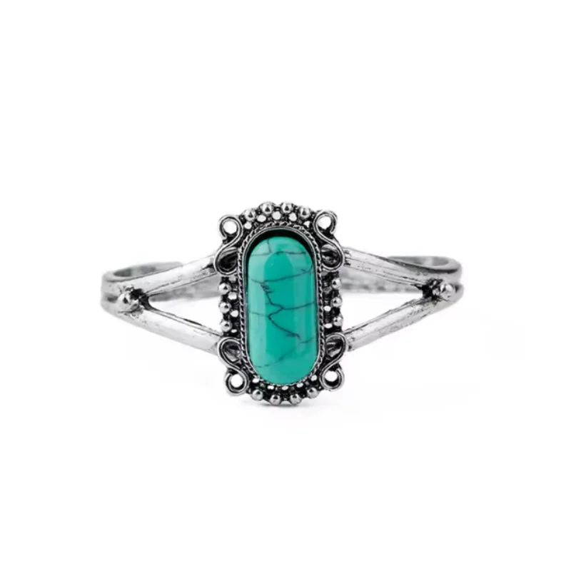 Bohemian Ethnic Style Floral Green Color Stone Opening Adjustable Bracelet Women\'s Retro Trend Holiday Jewelry Accessories