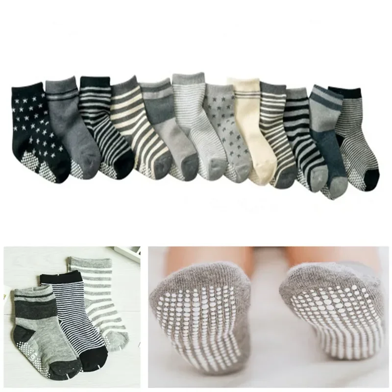 

12Pairs/Lot Cotton Children's Anti-slip Boat Socks Low Cut Floor for Kid with Rubber Grips Four Season 1-5Yyears