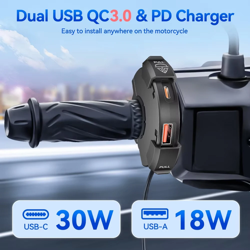 Extractme 48W Motorcycle USB Charger QC3.0 Fast Charger PD Power Adapter Universal for Handlebar Mounted Bracket Phone Camera 2