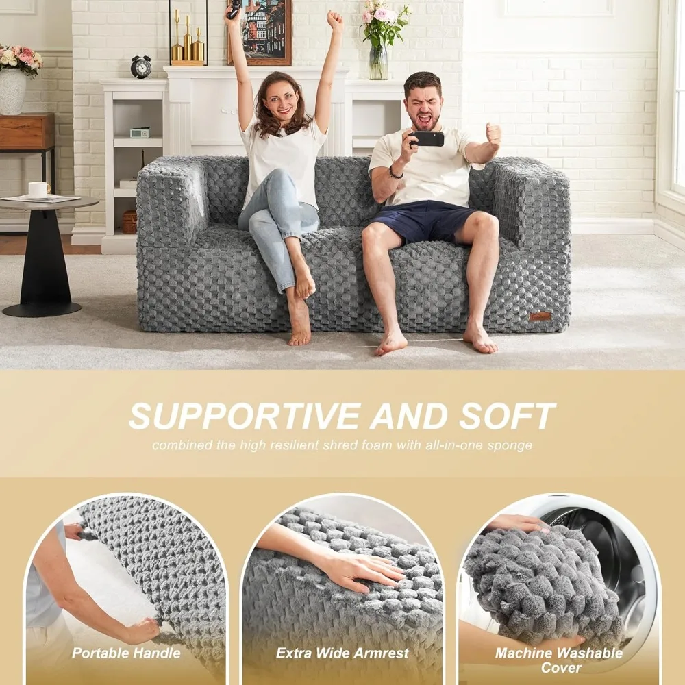 Canapé pouf pour adultes, fauteuil pouf à deux places avec accoudoirs et housse moelleuse, causeuse confortable au sol