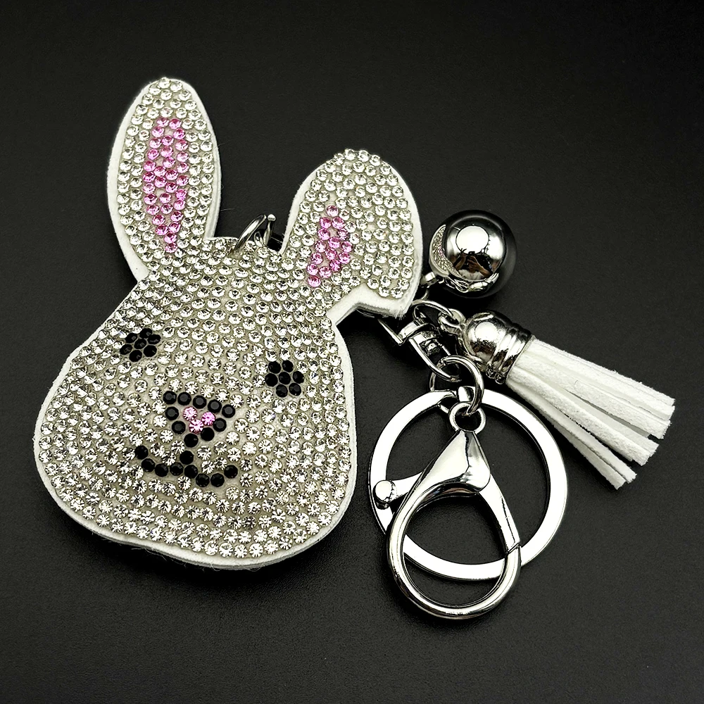 Kleiner weißer Hase, schöner Schlüsselanhänger für Damen und Herren, voller Kristallquasten, für Kinder, Rucksack, hängender Schlüsselanhänger, Schmuckzubehör – Detail 5