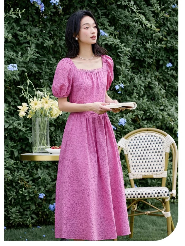 

VIMLY Long Dress Women's 2025 Summer French 100% Cotton Lace Square Neck Puff Sleeve Elegant Woman Dresses Ladies Clothes A1836