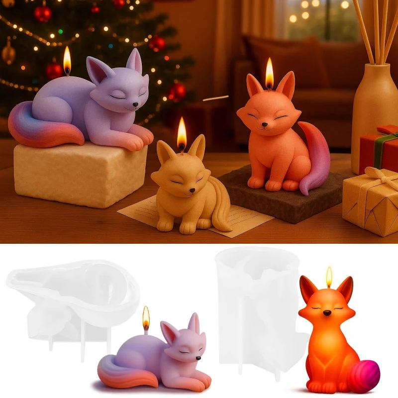 

3D Fox Figurine Epoxy Mold Set for DIY Candle, Aroma Diffuser & Gypsum Decor Silicone Molds