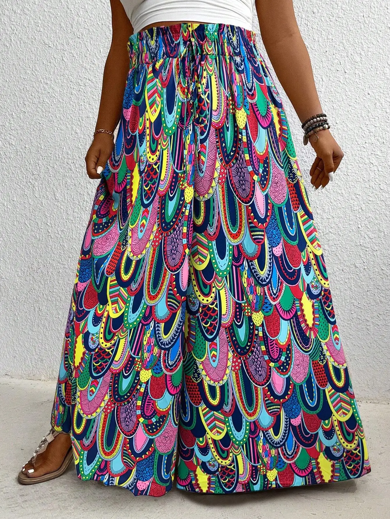 

Full Print Elastic Waist Tie Wide Leg Pants For Women Beach Casual