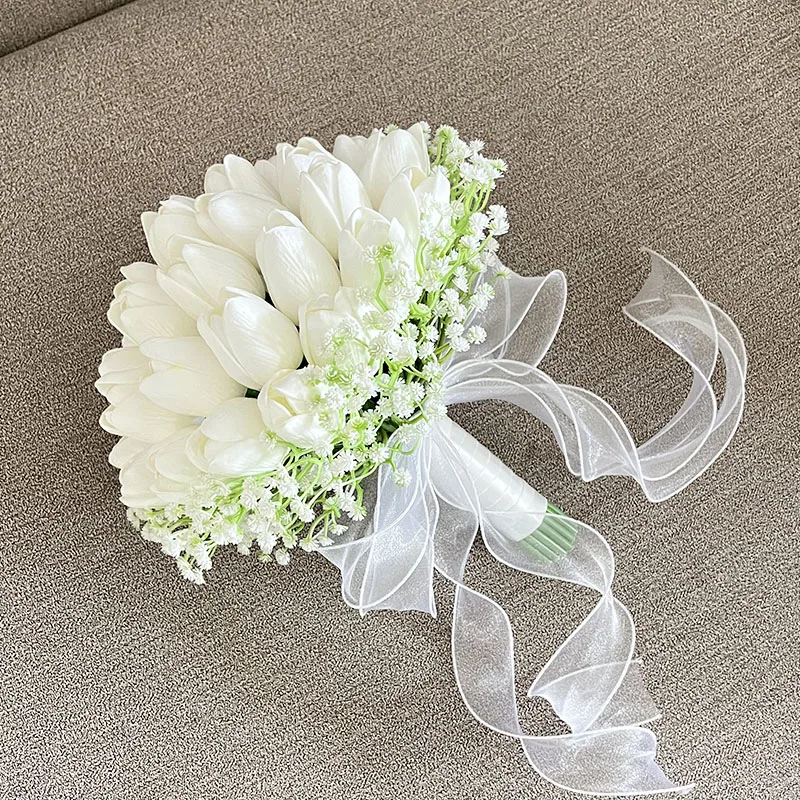 

Bride Bouquet Wedding Flowers Bridal Bridesmaids PU Tulip Baby's Breath Artificial Flowers Table Centerpieces Prom Accessories