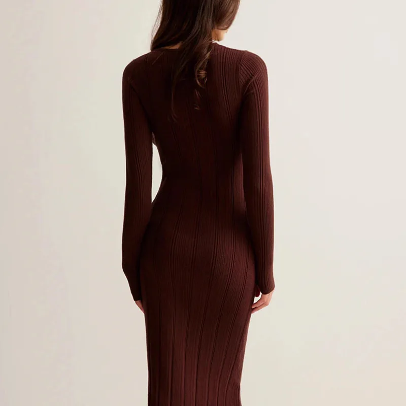 V-Neck Slim Fit Long Sleeve Bodycon Knitted Dress 2025 Women's French Style Solid Color Hollow Out Design Comfortable Long Skirt