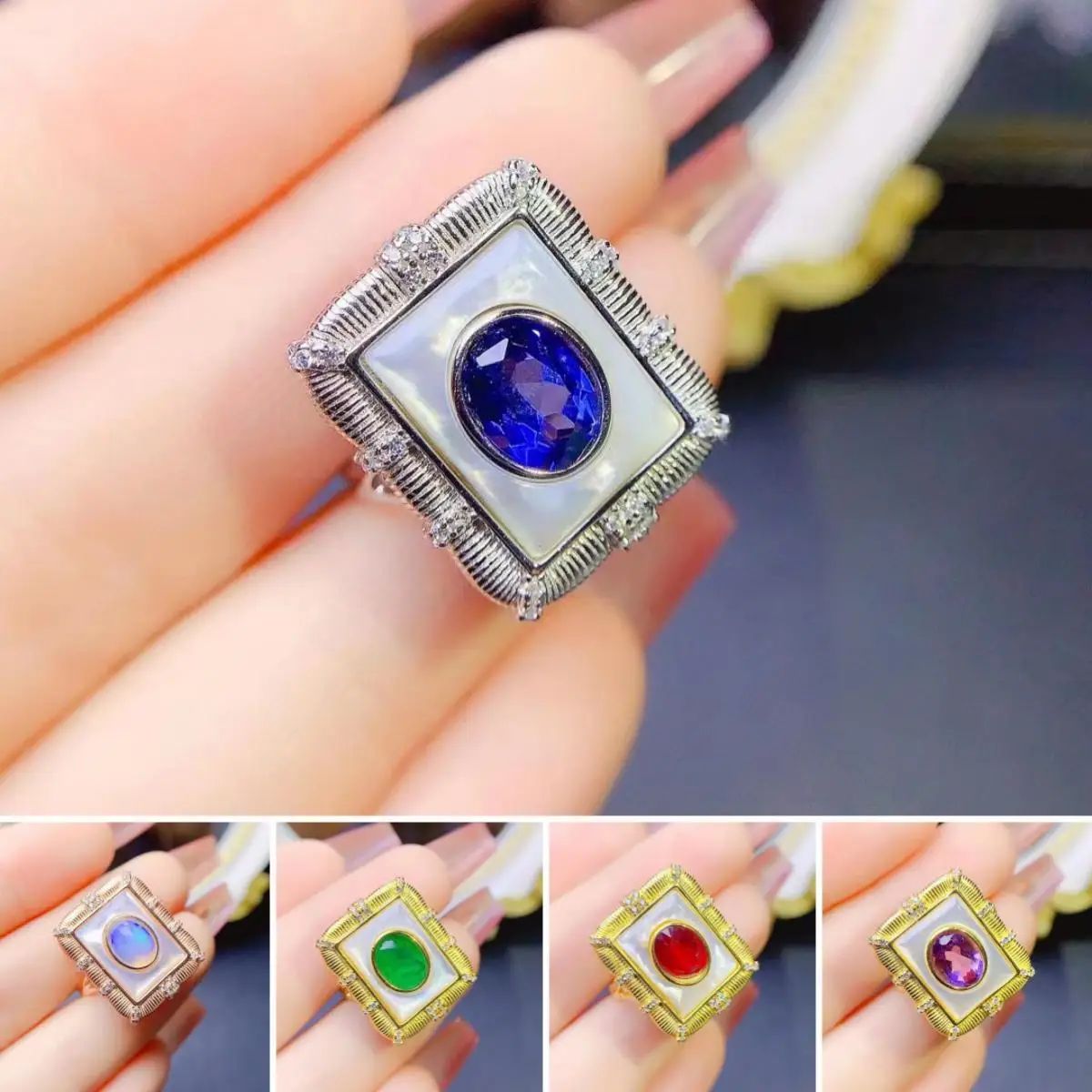 

FS Natural Sapphire/Ruby/Topaz/Emerald/Opal Square Ring S925 Sterling Silver Fine Wedding Charm Jewelry for Women MeiBaPJ