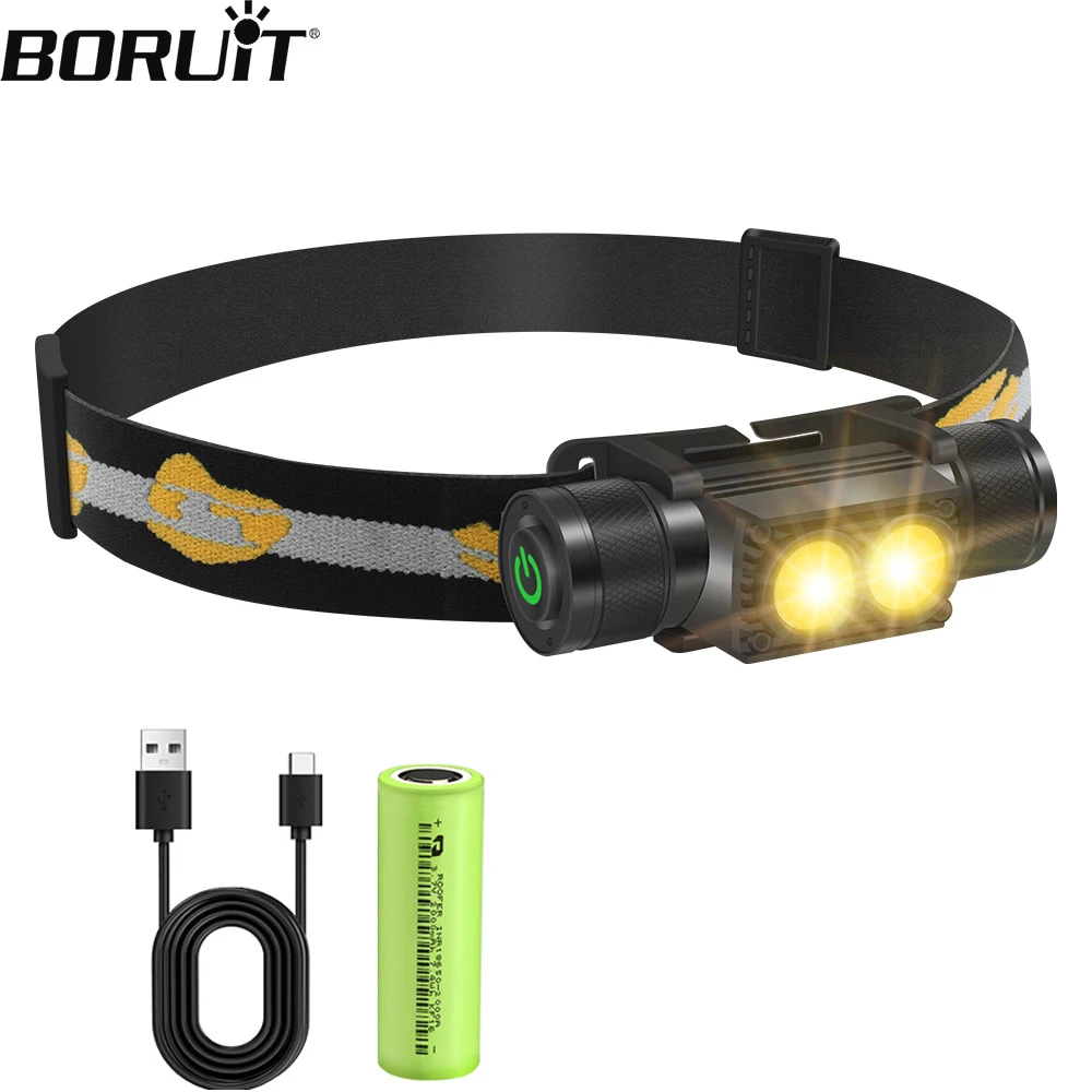 

BORUiT D25 Headlamp Dual LED 2000LM Type-C Rechargeable 18650 Headlight 6-Modes Head Torch Waterproof Camping Fishing Lantern