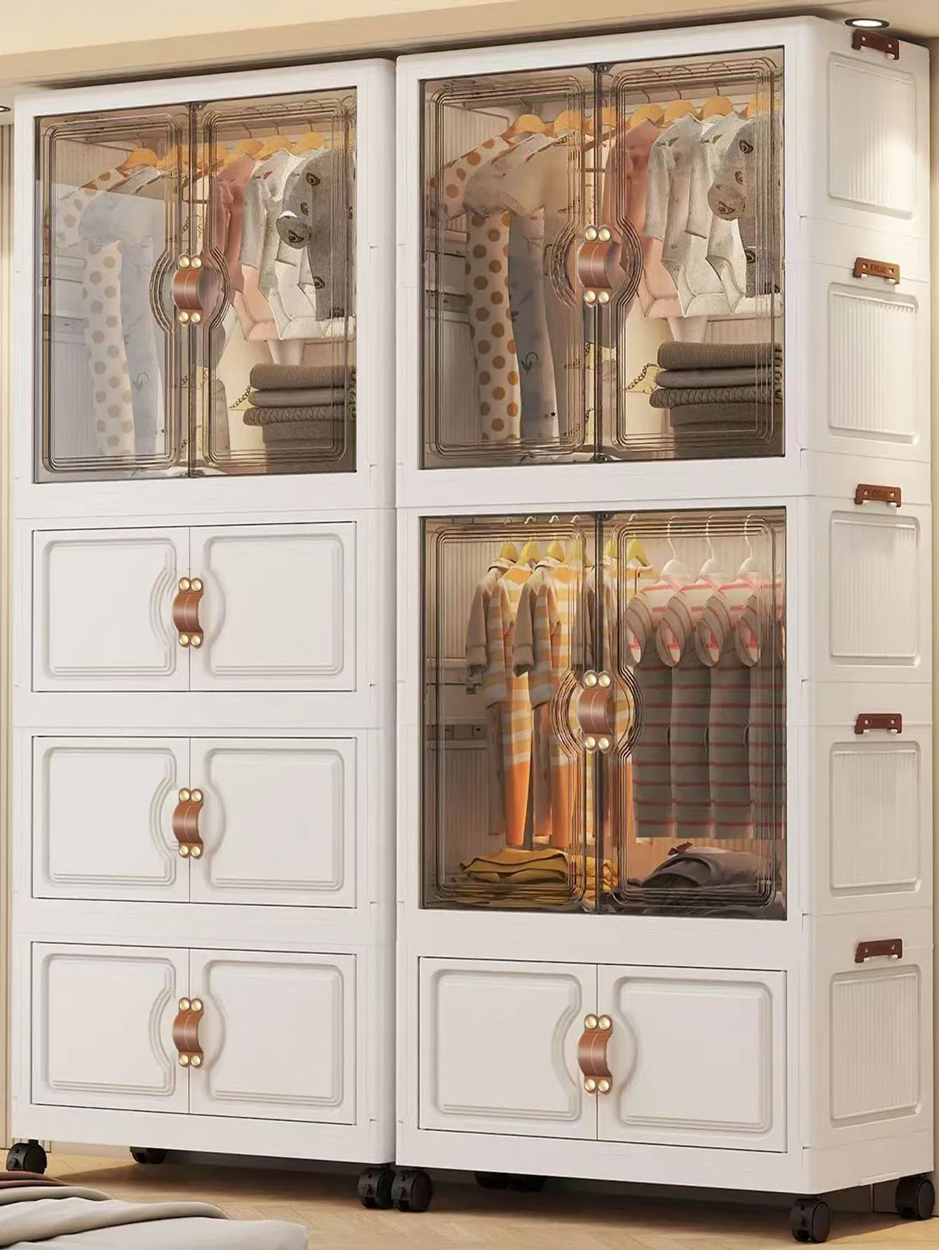 

Foldable Child's Wardrobe Double Doors Large Capacity Storage Cabinet Simple Design Portable Organizer with Wheels for Kids Room