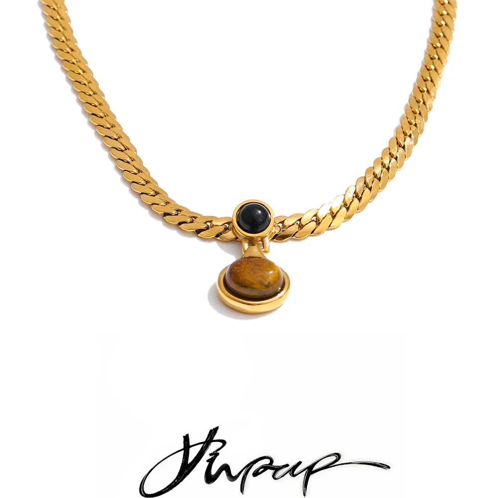 Yhpup New Arrival Fashion Polished Golden Chain Tiger Stone Pendant Necklace Stainless Steel Distinctive Trendy Charming Jewelry