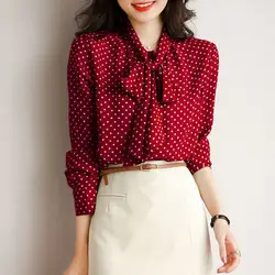 Elegant V-Neck Lace Up Bow Printed Polka Dot Long Sleeve Chiffon Blouses 2022 Autumn New Casual Tops Loose Commute Women's Shirt