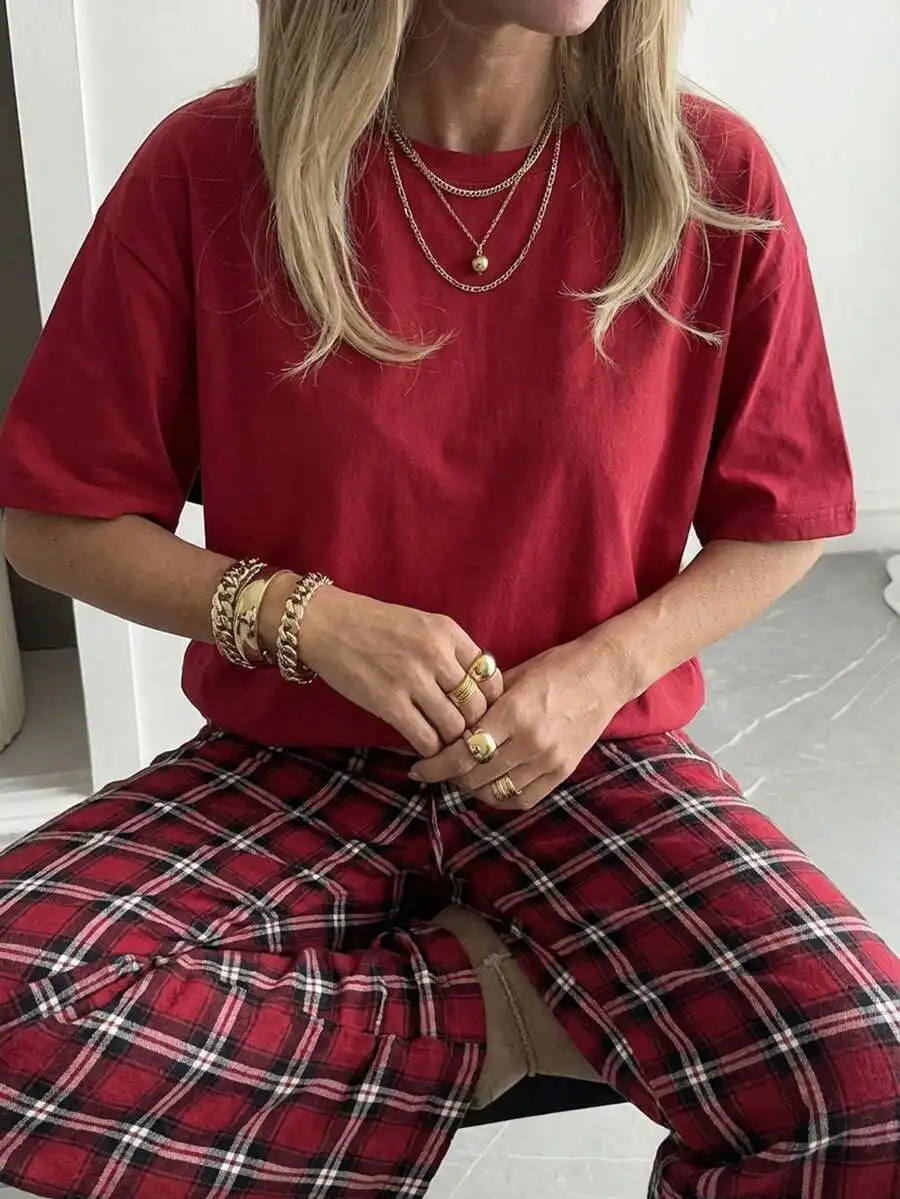 Casual Loose Red Top And Plaid Pants Set Home Pajama Outfit