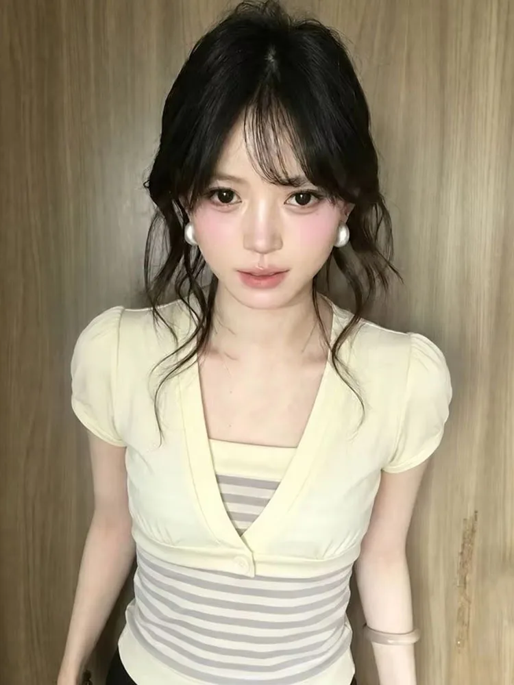 Women 2 Piece Sets Contrast Color Striped Strapless Vest Short Sleeve Cardigan Vintage Casual Slim Y2k Aesthetic Tops