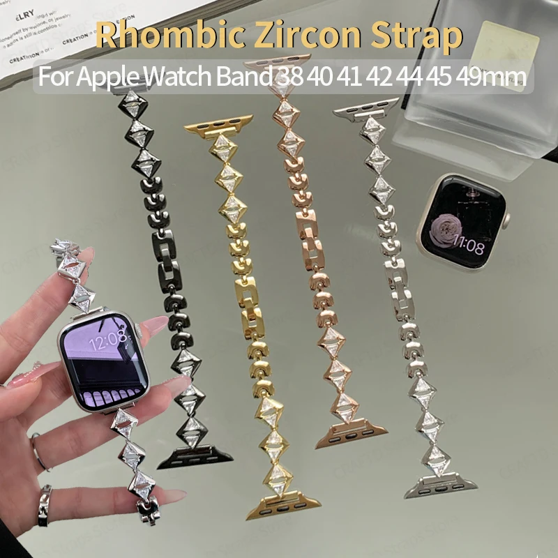 

Rhombic Metal Chain Strap for Apple Watch Band 40mm 45mm 44mm 41mm 49mm 38 42 Ladies Diamond Bracelet for IWatch 9 SE 8 7 6 5 4