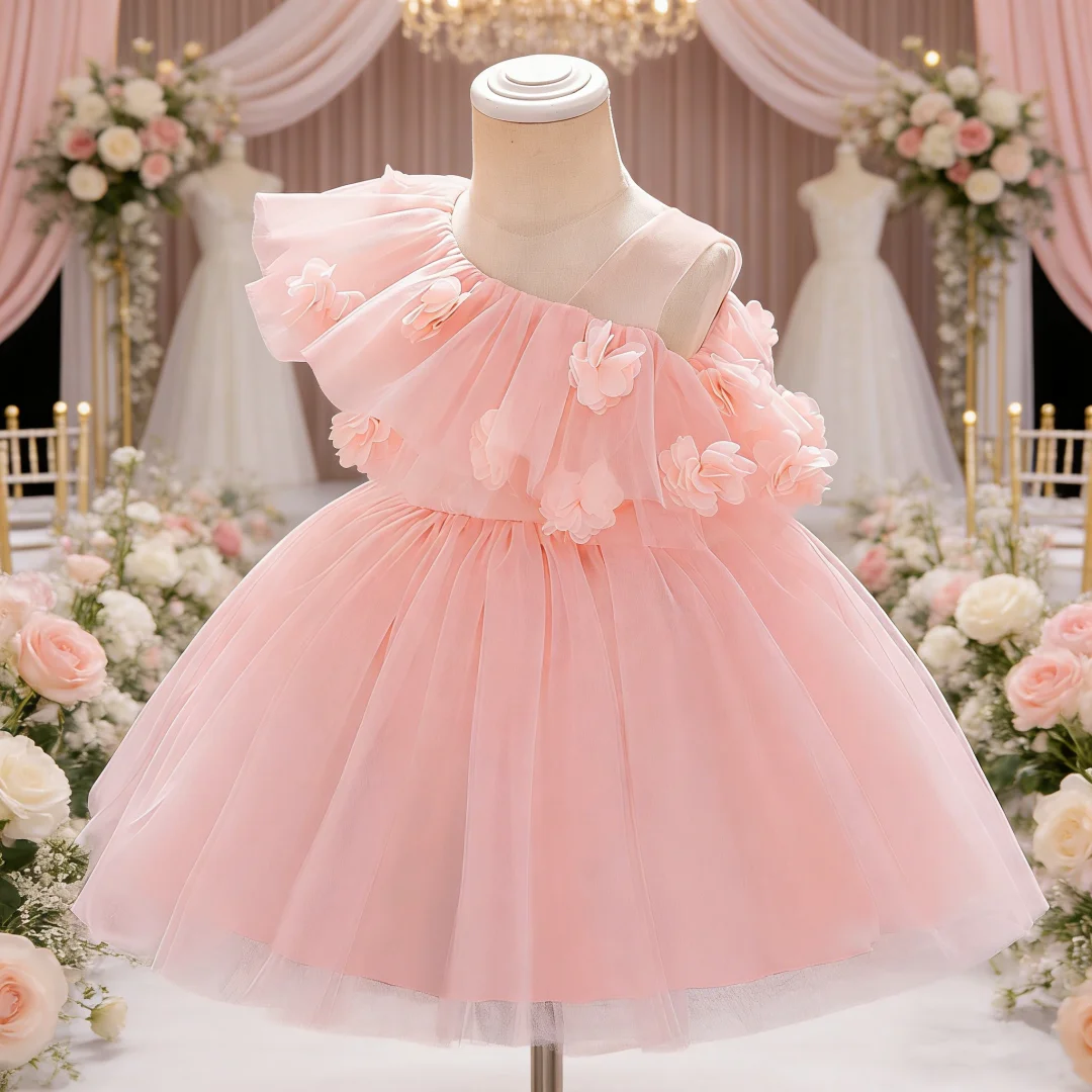 

Бальное платье с наклонными плечами для девочек, 3D цветочное сетчатое бальное платье для дня рождения, выступления, фортепиано, скрипка, концерта, фестиваля, платье принцессы