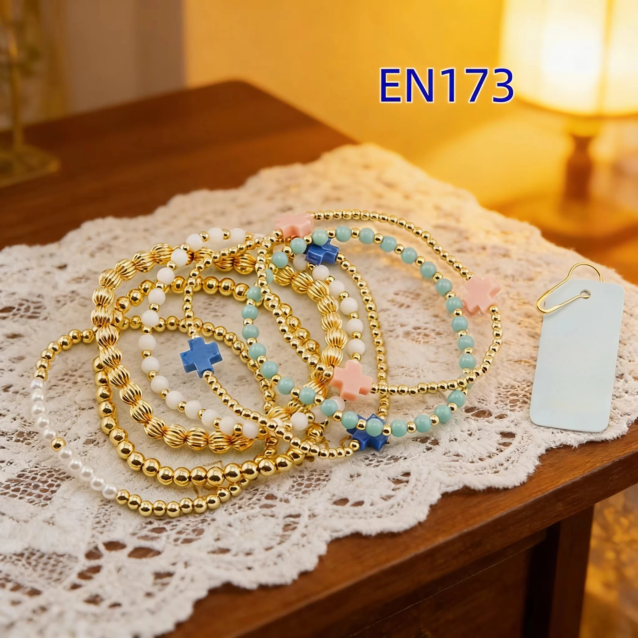 YEEVAA Multi-layer Gold Beaded Stackable Bracelets - Pastel Cross Charms Layered Bracelet Set for Summer & Everyday Wear