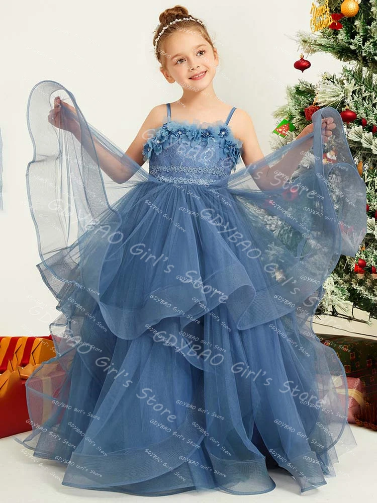 Tule em camadas vestidos da menina de flor para o casamento crianças cinta princesa pageant vestidos personalizado 3d floral renda comunhão vestido festa