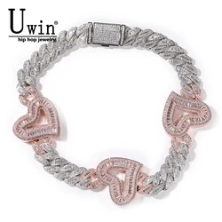 Uwin Big Hollow Heart With 16mm Iced Out Cuban Chain Baguette Cubic Zirconia  Necklace CZ Choker Fashion HipHop Jewelry For Gift