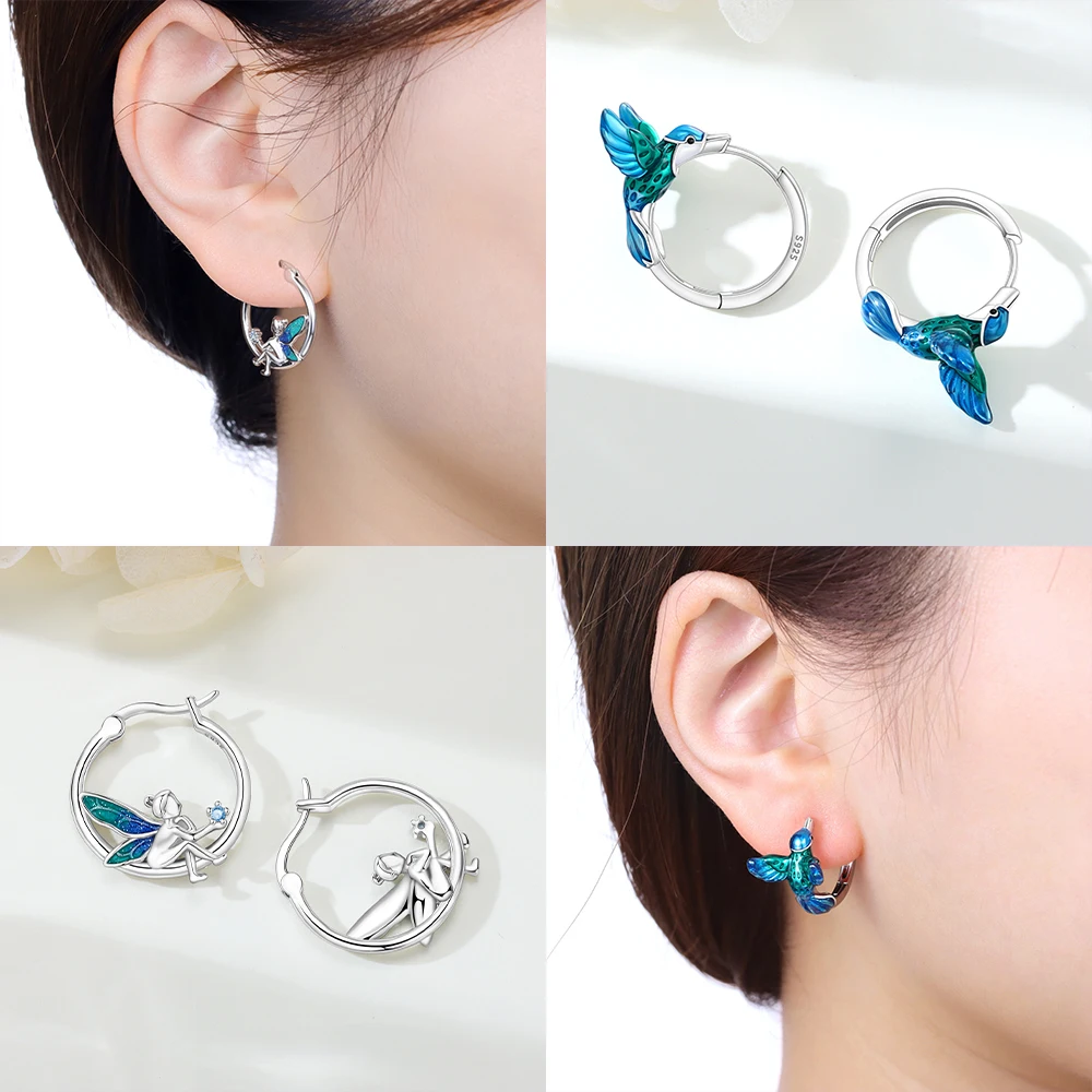 Original Earring S925 Silver Blue Girl Fairy Earring Hummingbird Animal Wings Earrings Women Earring Anniversary Gift Accessory