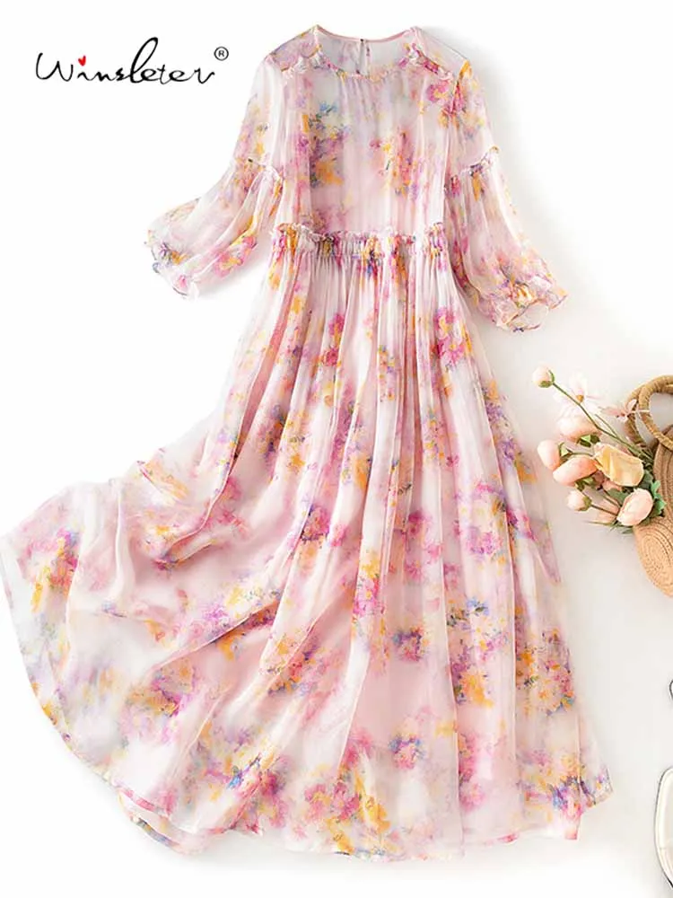 

Winsleter-Women's 100%Real Silk Elegant Dress, O Neck Half Sleeve Ruffles, OL Beach Vacation Dresses, 2025 Summer New D57536CC