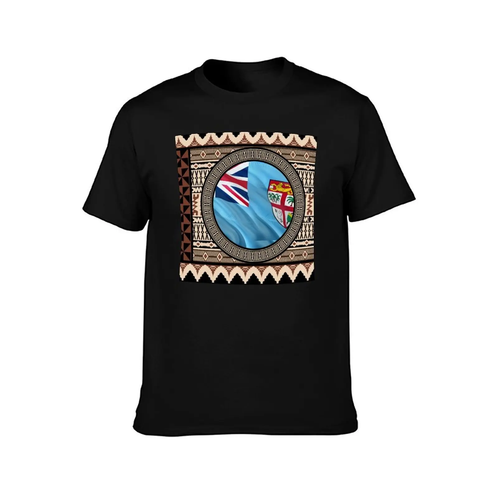 Fiji Flag Masi Print Authentic Tapa T-Shirt, Summer Casual Cotton Tee, Oversized Streetwear Tops, Vintage Graphic Print