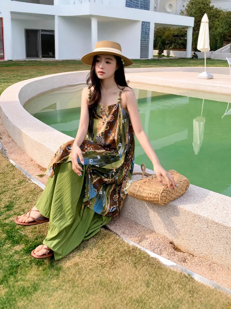 بوهيميا عطلة الشاطئ نمط الأخضر عدم انتظام الأزهار طباعة الرسن فساتين للنساء الصيف بلا أكمام ثوب الجنية التنانير الطويلة