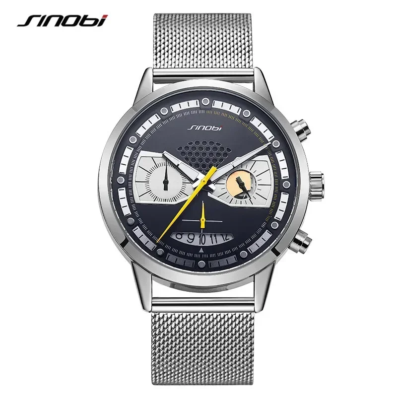 2025 ساعة رجالية متعددة الوظائف موضة إبداعية رياضية للرجال حزام شبكي مقاوم للماء 9814