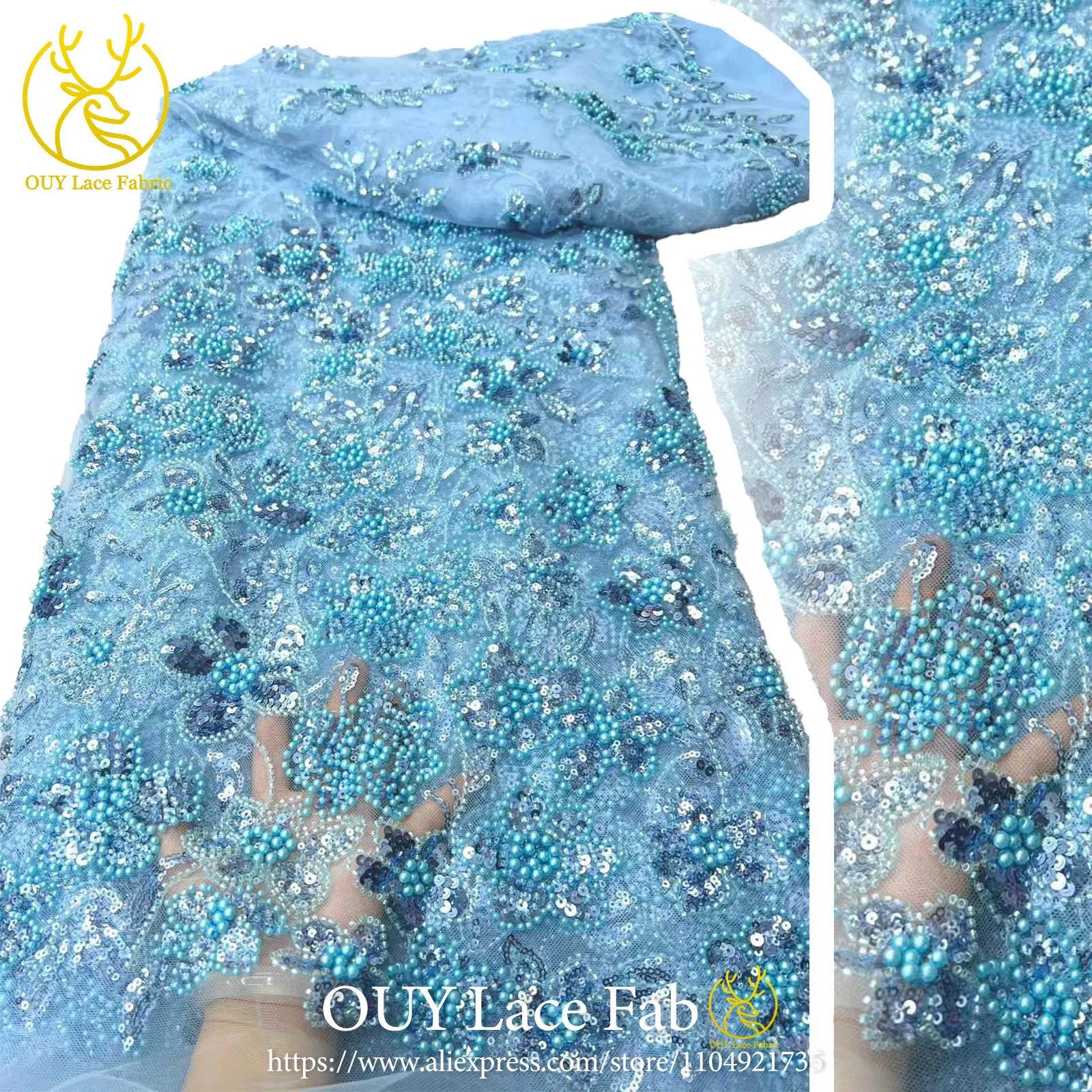 

5 Yard African Beaded Tulle Mesh Embroidered Lace Fabric, 2026 French Sequin Lace Fabric, Suitable For Bridal Wedding Dresses.