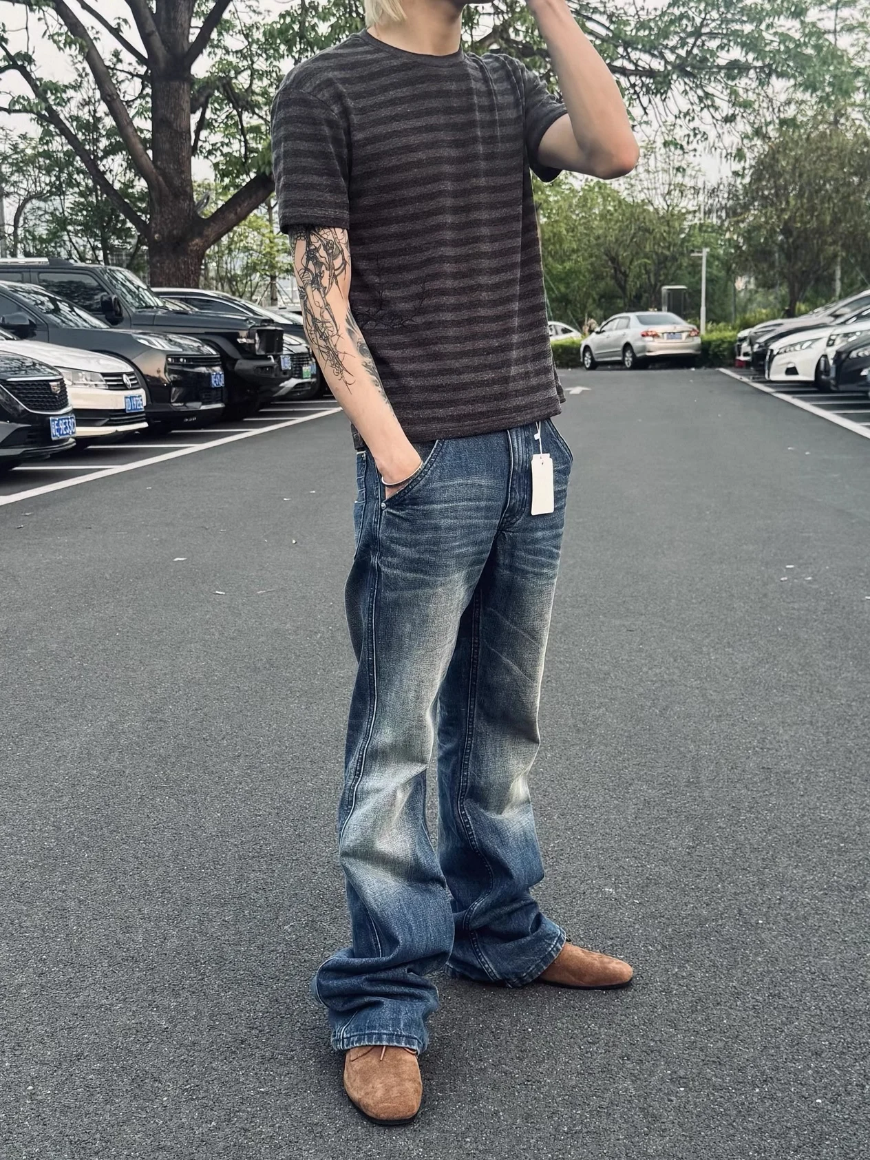 

Washed Deep Blue American Retro Men's Street Style Wide Leg Jeans Narrow Waist Red Ear Casual Straight Cut Trousers