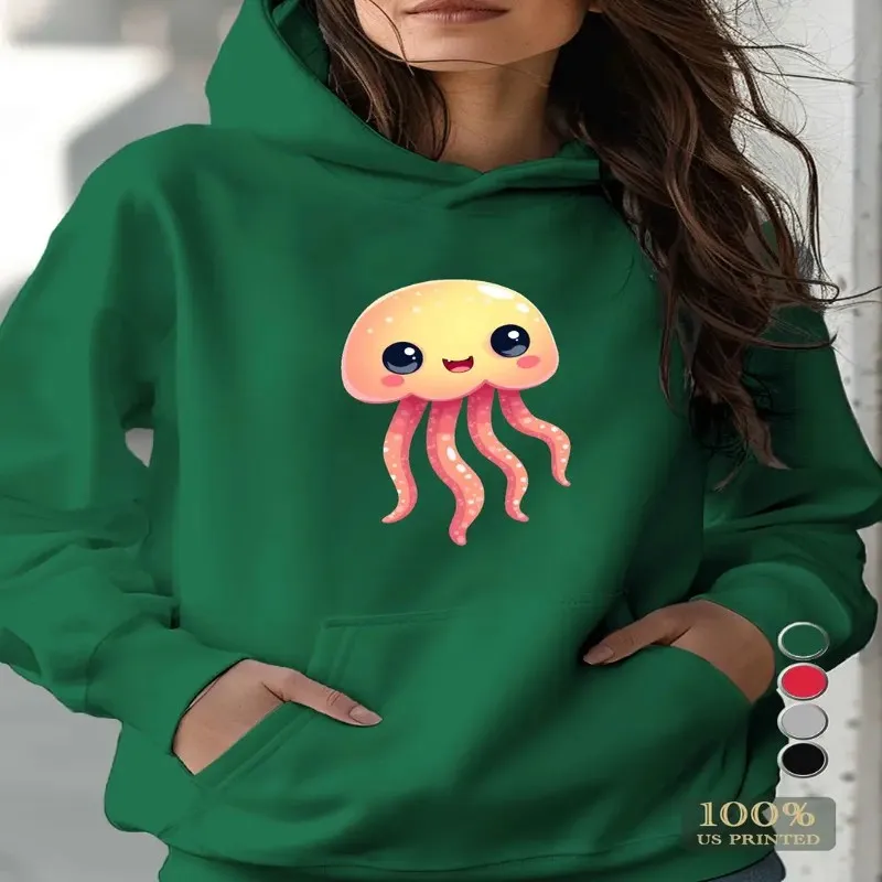 Winter Fall Plus Size Sweatshirt Female Women Pink Cute Jellyfish Print Soft Long Sleeve Round Neck Fashionable Streetwear Top