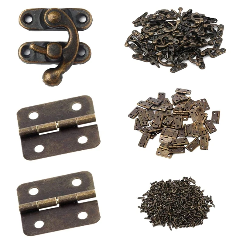 Small Box Hinges Bronze Antique Right Latch Hook Hasp With Hinges And Screws For Wood Jewelry Box Gift Catch Lock Hook