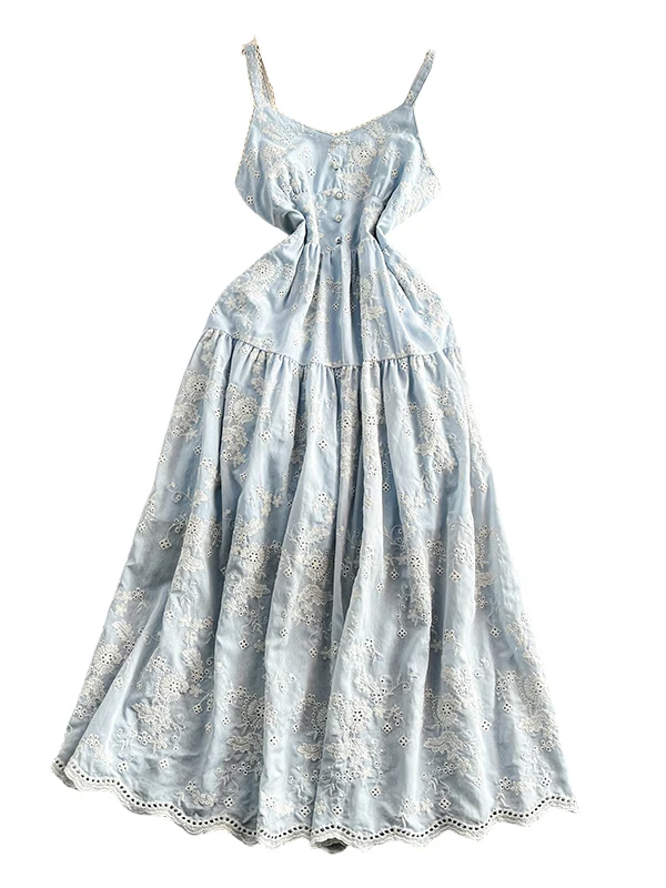 

Blue Summer Fairy Skirt Hollow out Embroidery Waist Cinching Slimming Pleated Strapl Dr Women Commute Korean Sle High...