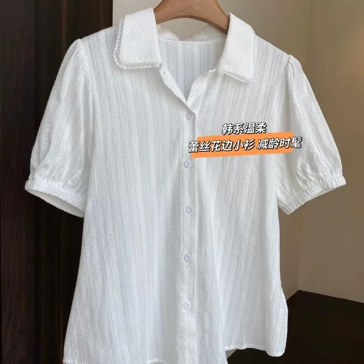 Korean Style Women's Shirt Lace Trim Slimming Short Sleeve Bubble Sleeve Spring Summer New Fashion Commute Style Regular Fit