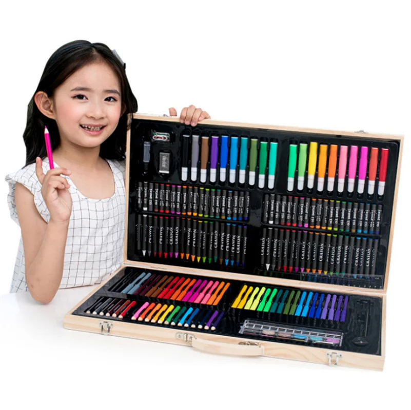 

180Pcs Oil Pastel Painting Watercolor Pen Markers Crayon Pencil Felt Pen Wooden Box Set For Children Students Gift Art Supplies