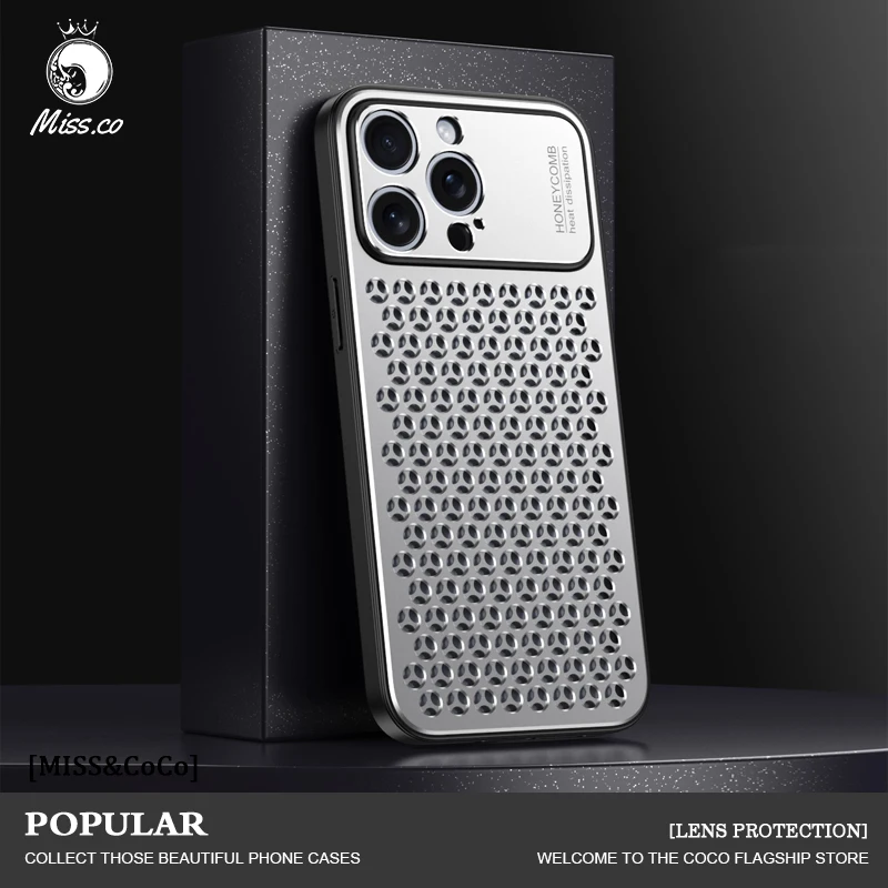 

Luxury Metal Silicone 2 in1 Honeycomb Heat Dissipation Phone Case For iPhone 14 13 15 Pro Max Drop Protection Anti Scratch Cover