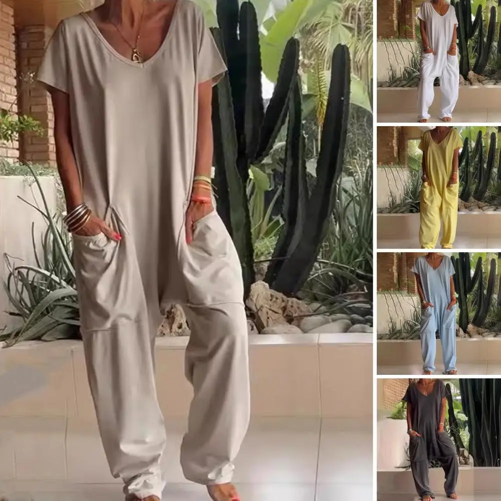 

Casual Jumpsuit Stylish Women's V Neck Jumpsuit with Short Sleeves Deep Crotch Big Pockets Solid Color Casual Daily for Ladies