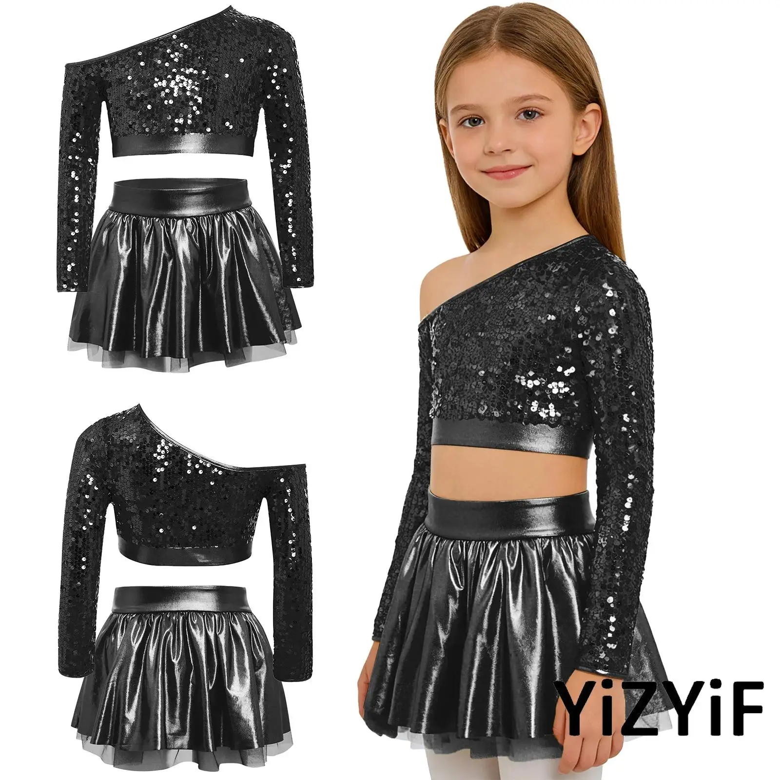 

2Pcs/Set Child Girls Jazz Dance Performance Costume One Shoulder Long Sleeve Sequins Hip Hop Crop Top with Skirt Jazz Dancewear