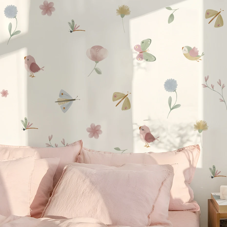 Boho Pink Butterfly Birds Wall Stickers Decoration for Kids Room Living Room Interior House Decor Vinyl Wall Decals Art Mural