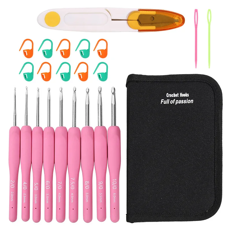 Crochet Hook Set DIY Colorful Rubber Handle Knitting Craft Scissors Markers Big Eye Blunt Needle Weaving Sewing Accessories Tool