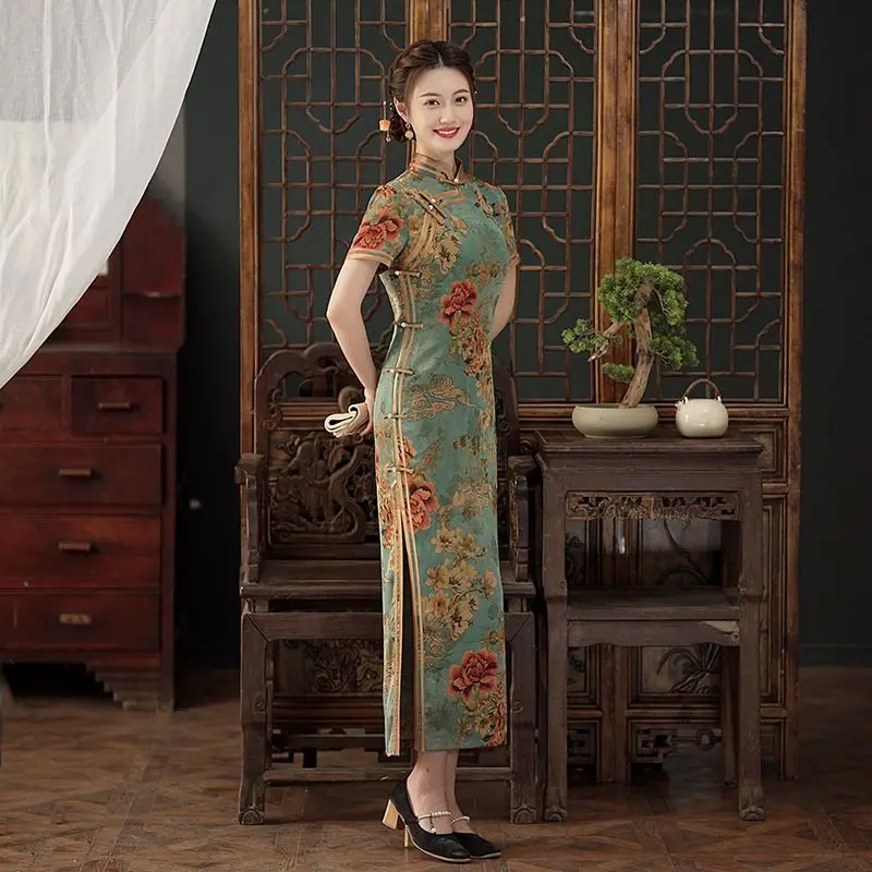 Yourqipao Plus Size Cheongsam Long Retro Republic of China Style 2023 New Summer Daily Elegant Old Shanghai migliorato vestito da donna