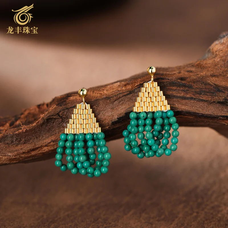 Turquoise Round Bead Four Circle Stud Earrings Silver Plated 18K Gold Ear Jewelry Natural High Porcelain Turquoise Women Stud