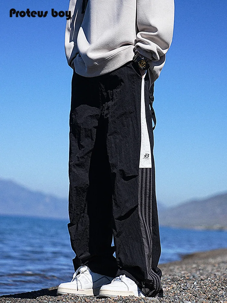 

ProteusBoy American Retro Striped Ice Silk Cool Feeling Outdoor Sports Straight Casual Long Pants Loose Fit Youth Faion