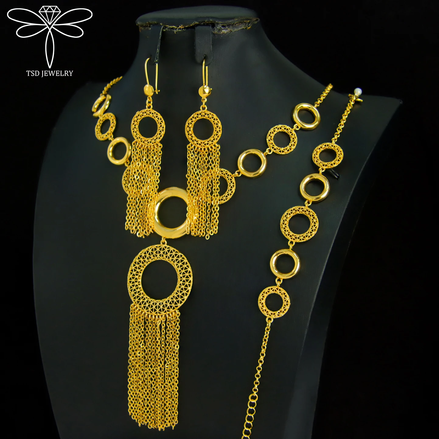 

African Gold Jewelry Set for Women 24k Dubai Fashion Geometric Necklace Bracelet Earrings Arabic Bridal Wedding Jewelrys