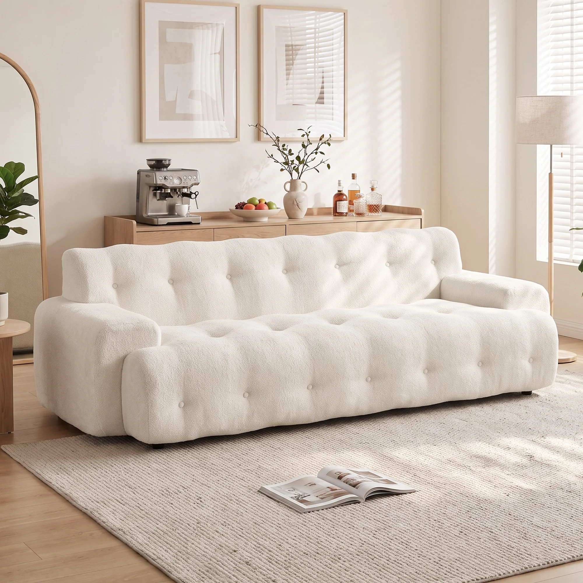 Divano a 3 posti in ciniglia color crema, completamente compresso sottovuoto, non richiede montaggio, con seduta profonda, divano moderno senza struttura, ideale per l’arredamento del soggiorno.