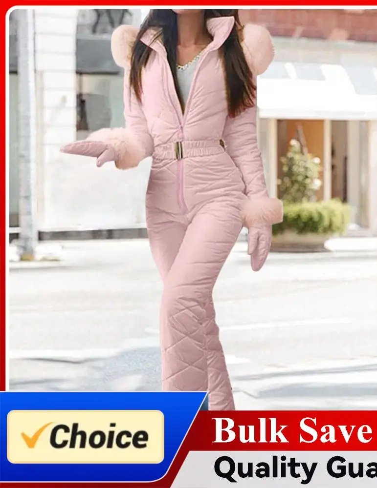 ชุดสกีสำหรับผู้หญิงปี 2025 ชุดกันหนาวสำหรับเล่นหิมะ ชุดสโนว์สูทสำหรับผู้หญิงพร้อมถุงมือ ฮู้ดกันลม ชุดสกีพร้อมซิปเอวยางยืด