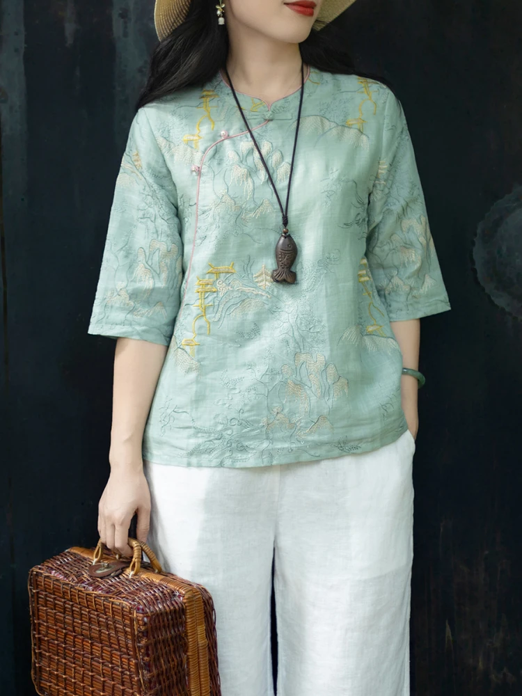 

Новый китайский шелковый женский винтажный шелковый топ с вышивкой и косым воротником-стойкой на пуговицах