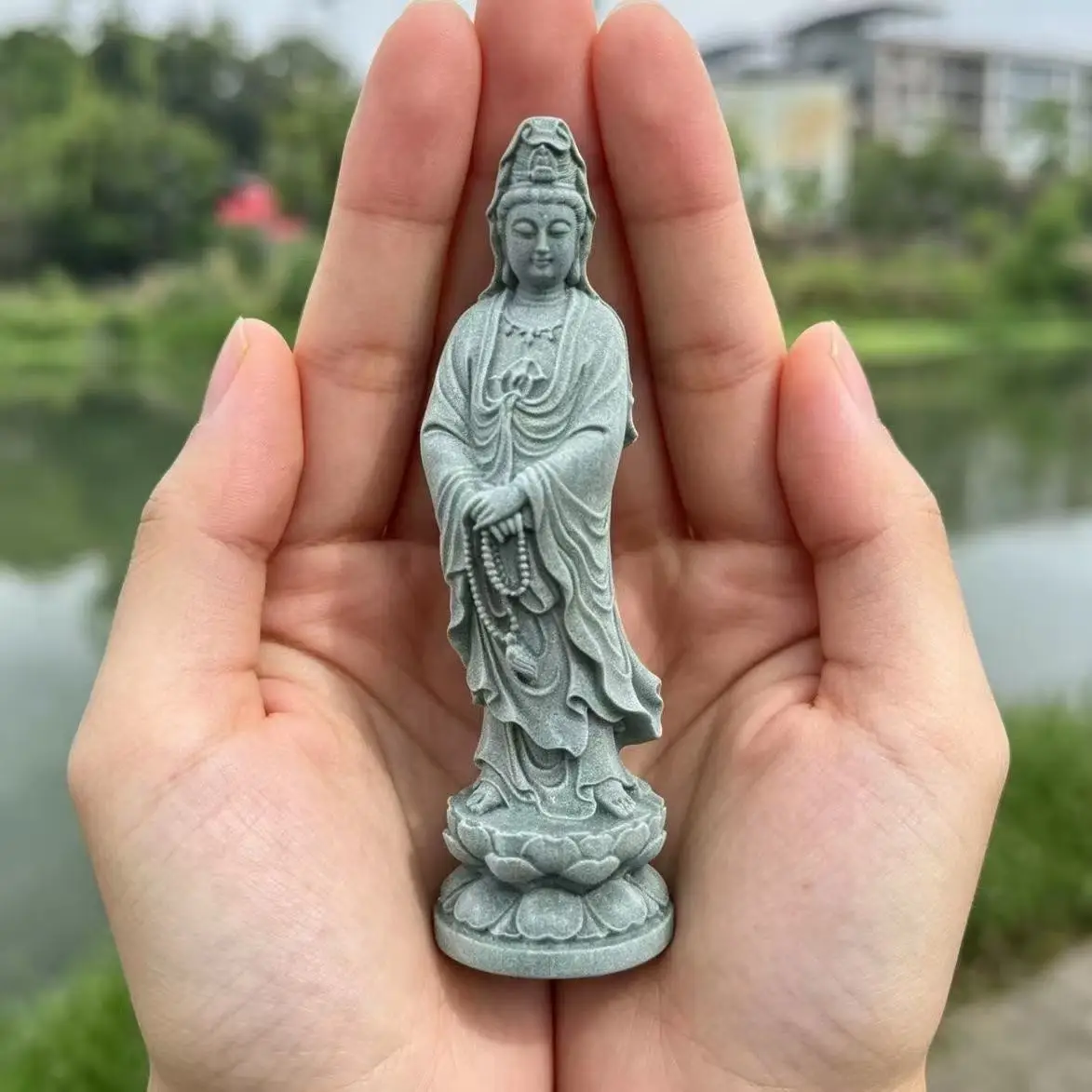 Mini Guanyin Statue 12cm, Sandstone, Zen Buddhist Decor for Home, Aquarium, Garden, Office Desk, Feng Shui Ornament