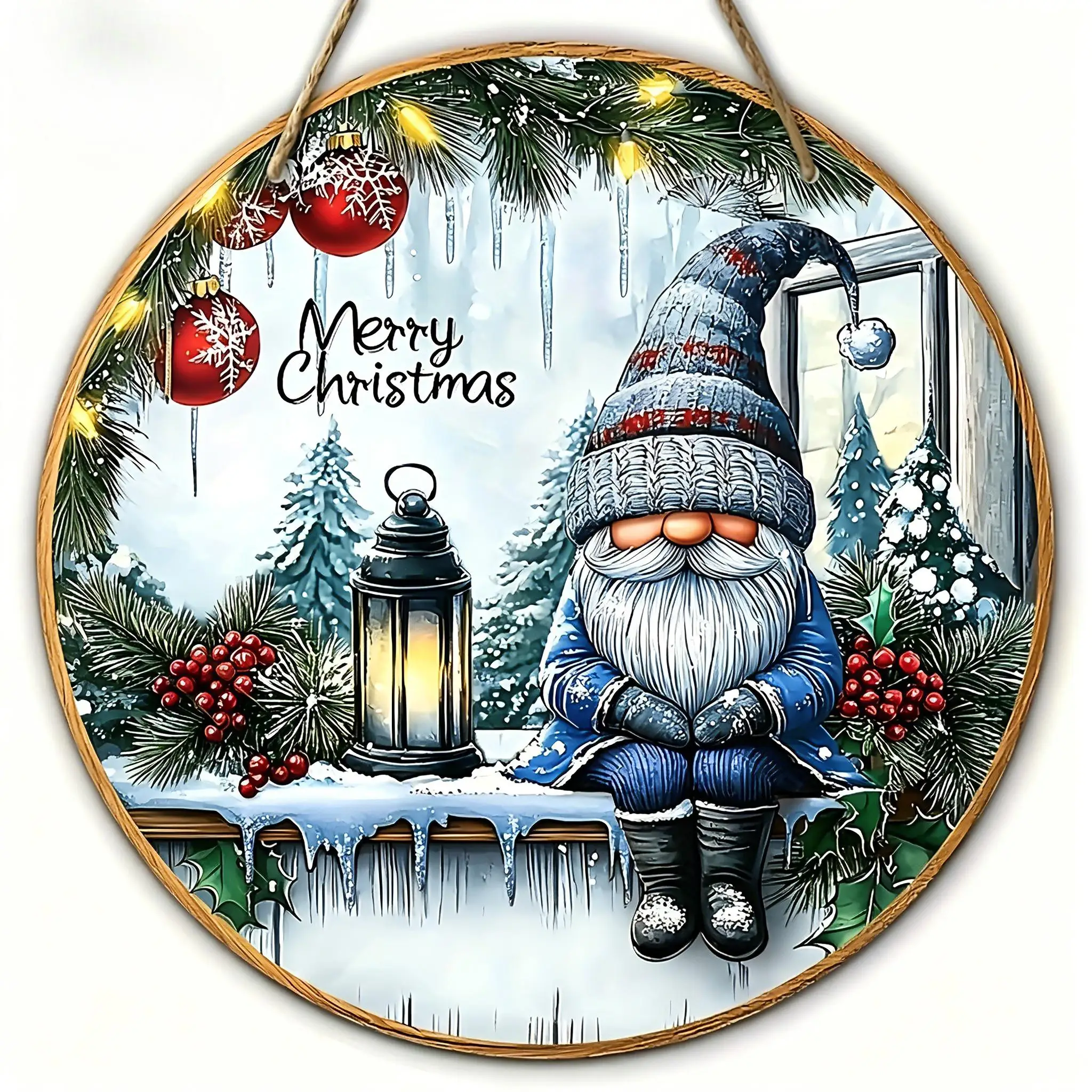 2D Flat - 1pc Wooden Printed Cute Wooden Sign, Depicting a Dwarf in a Winter Wonderland - Perfect for Your Front Door Or Wall As
